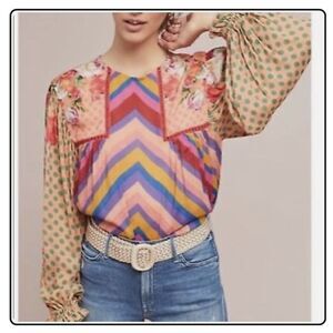 Anthropologie Bl^nk London Miranda Blouse XS Pink Multicolor Peasant Boho Floral